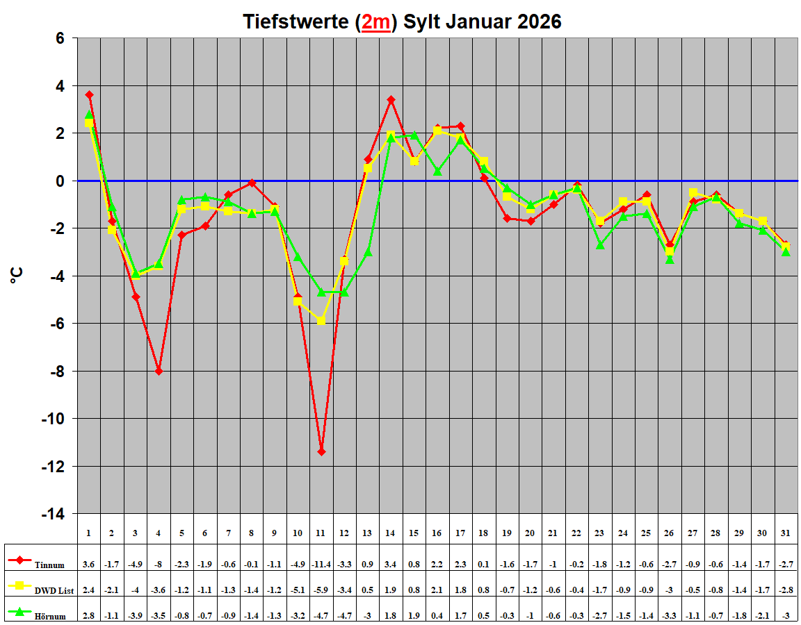 Tiefstwerte (2m) Sylt Januar 2026